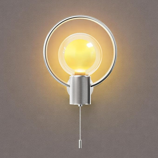 ALAMPEVER Modern Wall Sconce with Pull Chain, Metal Silver Wall Lights with G125 Glass Globe Bulb, Wall Mount Light for Enhancing Indoor Ambience in Bedroom, Living Room, and Hallway, 1 Pack