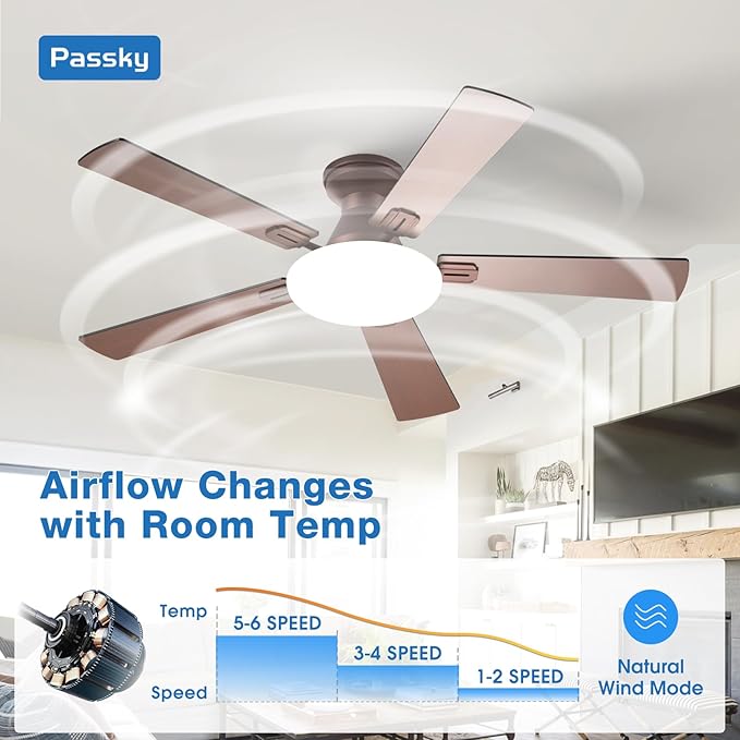 Passky Ceiling Fans with Lights, 52 inch Flush Mount Ceiling fan with Remote Control, Low Profile Ceiling Fan for Bedroom, Farmhouse, Reversible, 3CCT, Dimmable, Noiseless DC Motor, Brown
