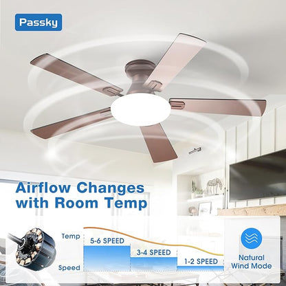 Passky Ceiling Fans with Lights, 52 inch Flush Mount Ceiling fan with Remote Control, Low Profile Ceiling Fan for Bedroom, Farmhouse, Reversible, 3CCT, Dimmable, Noiseless DC Motor, Brown