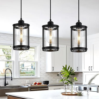 Black Pendant Lights Kitchen Island 3 Pack, Modern Kitchen Pendant Lighting Over Island with Clear Glass, Farmhouse Mini Hanging Light for Sink Dining Room, OS-3014-3PBKC