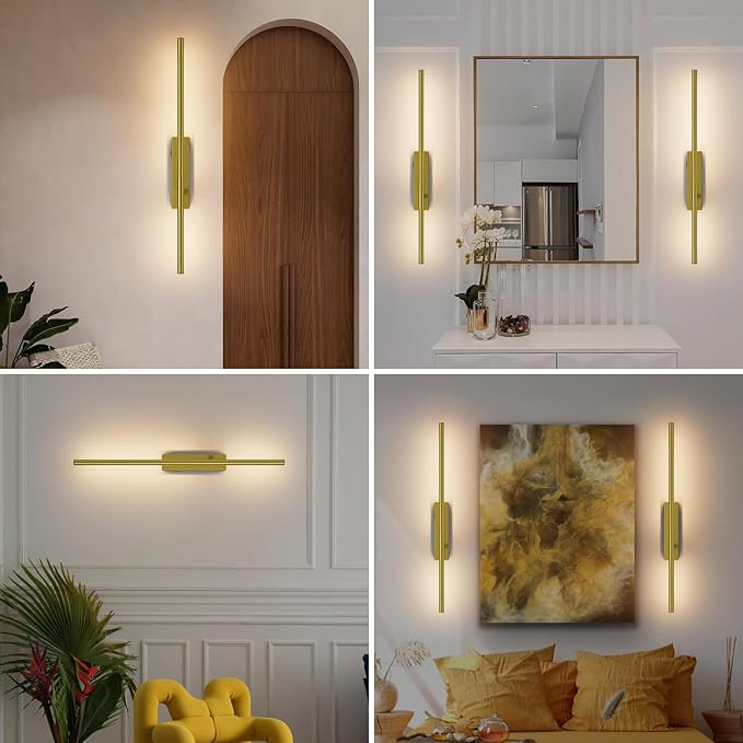 Battery Operated Wall Sconces, 1 Pack USB Rechargeable Wall Lights, Dimmable Wireless Linear Wall Lamp Indoor for Living Room, Bedroom, Hallway, Gold