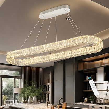 HAIXIANG Modern Crystal Chandelier Dimmable LED Long Chandeliers for Dining Table Pendant Lights Rectangular Glam Lighting Fixtures for Dining Room Kitchen Island Silver
