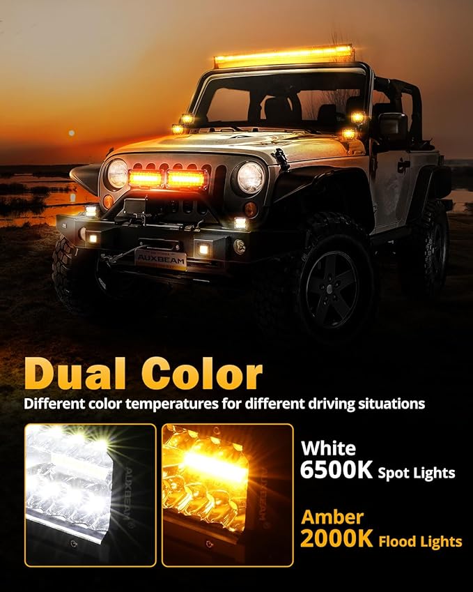 Auxbeam 6 Modes Amber White Series, 4 Packs LED Pod Lights Flash Strobe Warning Multi-Function, 4" 240W Spot Flood Combo LED Offroad Lights, for 4x4 4WD Truck Car Jeep Wrangler