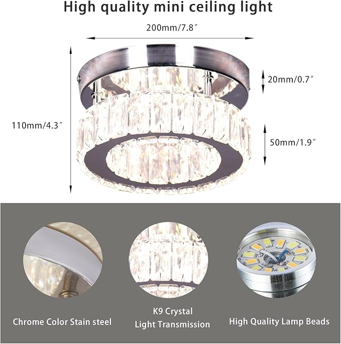 7.8" Crystal Chandelier Modern LED Mini Flush Mount Ceiling Light Fixtures Dimmable with Remote K9 Crystal Round Small Chandeliers for Hallway Bedroom Kitchen