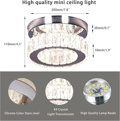 7.8" Crystal Chandelier Modern LED Mini Flush Mount Ceiling Light Fixtures Dimmable with Remote K9 Crystal Round Small Chandeliers for Hallway Bedroom Kitchen