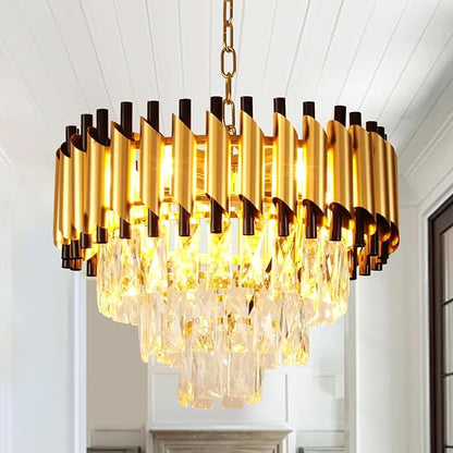 Depuley Modern Gold Crystal Chandelier: 5-Light Flush Mount Chandelier 12 3-Tier Inch Luxury Round Hanging Pendant Light Fixture for Porch Bedroom Dining Room Foyer Included Bulbs