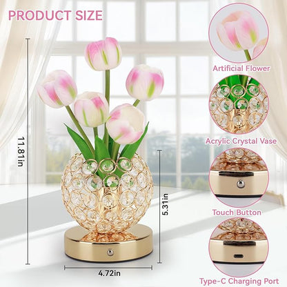 Tulip Flower Lamps, 3 Colors Touch Stepless Dimming Crystal Night Light, Rechargeable Artificial Flower Light, LED Flower with Vase Lamp Romantic Decor for Date Party Home (Tulip1 - Pink)