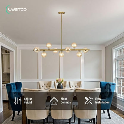 Mid Century Modern Glass Globe Sputnik Chandelier, 9-Light Linear Chandeliers for Dining Room, Kitchen Island, Living, Dining Light Fixture Over Table, Brass Gold and Amber Bubble, 40 Inch