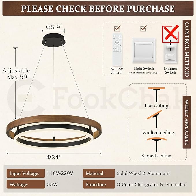 LED Ring Chandelier 24in Solid Gold Oak Wood Chandeliers Dimmable Black Chandeliers Modern Round Chandelier Light for Living Room Dining Room Kitchen Island Bedroom Entry