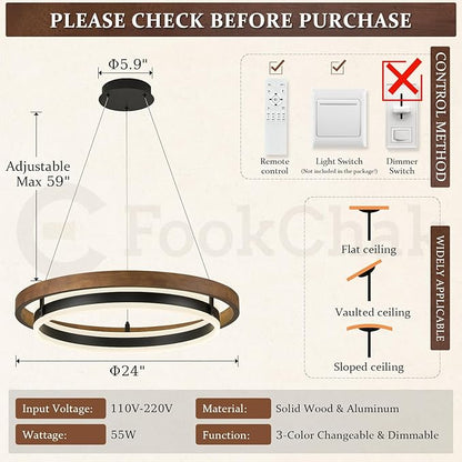 LED Ring Chandelier 24in Solid Gold Oak Wood Chandeliers Dimmable Black Chandeliers Modern Round Chandelier Light for Living Room Dining Room Kitchen Island Bedroom Entry