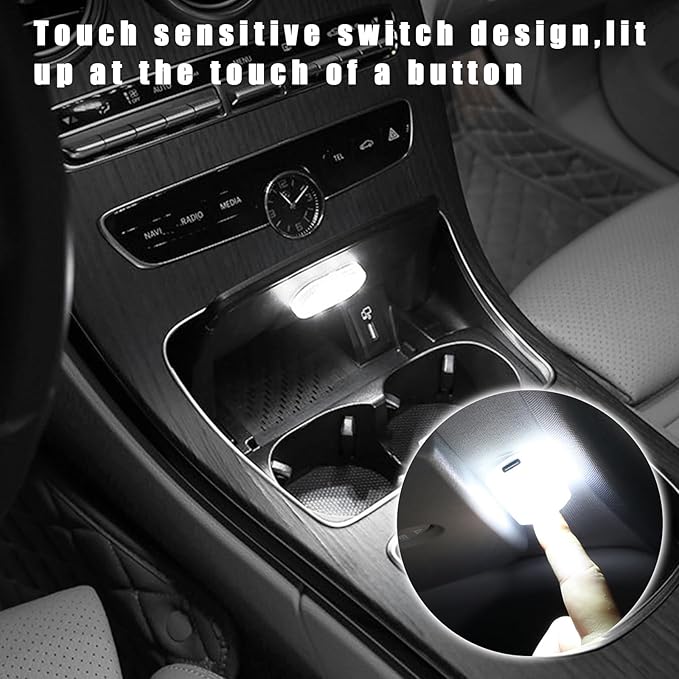 KVAEY 4 PCS Car LED Lights Interior Wireless, 7 Colors Magnetic Auto Ambient Light with 6 Bright LED Lamp Beads, Portable USB Rechargeable Vehicle Interior Led Night Light (White, Sticky, 2pcs)