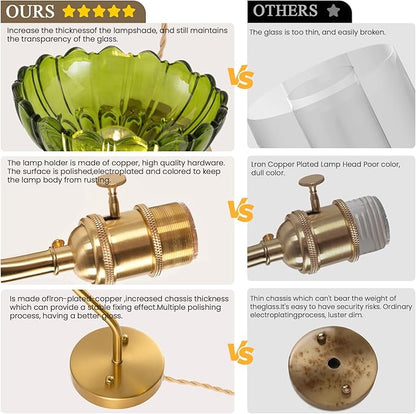 Plug-in Wall Sconce (Set of 2), Vintage Wall Decorative Lamp with Green Glass Shade, Indoor Brass Plug-in Wall Sconce for Bedroom, Living Room, Bathroom, Hallway