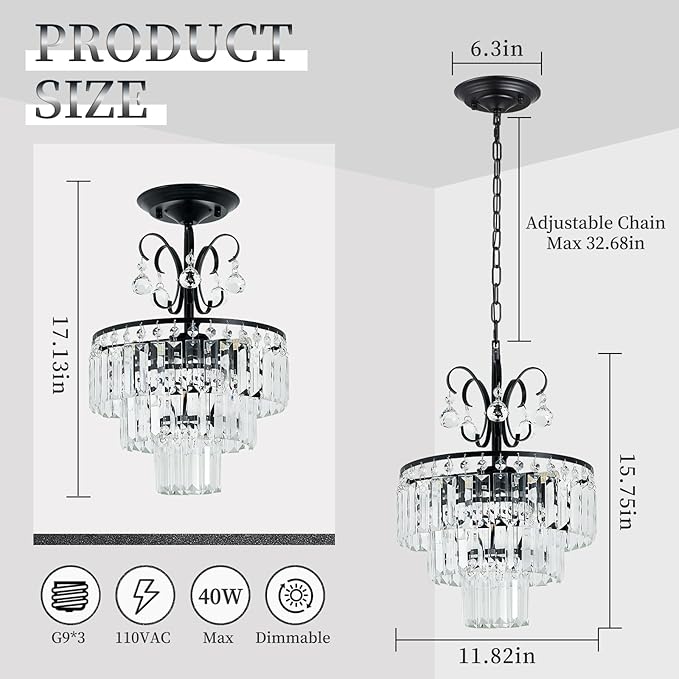 Black Crystal Chandeliers,3-Lights Modern Crystal Chandelier for Dining Room,3 Tiers Small Chandeliers for Living Room Bedroom Kitchen Entryway G9 Base