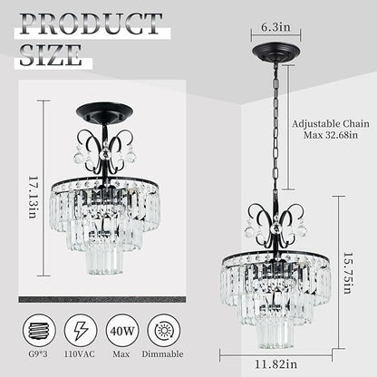 Black Crystal Chandeliers,3-Lights Modern Crystal Chandelier for Dining Room,3 Tiers Small Chandeliers for Living Room Bedroom Kitchen Entryway G9 Base