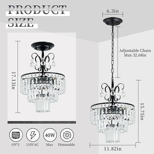Black Crystal Chandeliers,3-Lights Modern Crystal Chandelier for Dining Room,3 Tiers Small Chandeliers for Living Room Bedroom Kitchen Entryway G9 Base