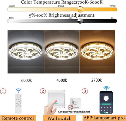 Modern Crystal Chandeliers for Dining Room Flush Mount Ceiling Chandelier for Living Room Dining Room Ring LED Crystal Ceiling Light (Round,40in Black,Dimmable 2700K-6500K)