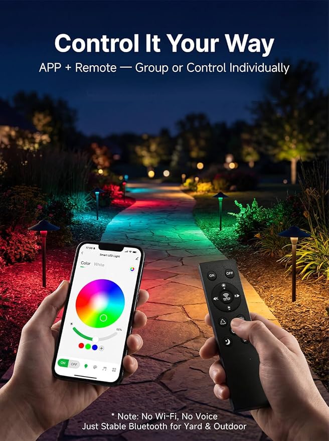 RGBCW Smart Path Lights Low Voltage, Bluetooth App Controlled Tunable Warm/Daylight 2700K-6500K G4 Bulb, 12v Aluminum Black with Wide Cap, Landscape Lighting for Garden Driveway 6 Pack