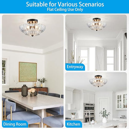 XINGQI 11.8" Semi Flush Mount Ceiling Light Fixture Modern Black 3-Light Scalloped Glass Close to Ceiling Lighting for Living Room Entryway Bedroom Closet Hallway (Bulb Not Included)