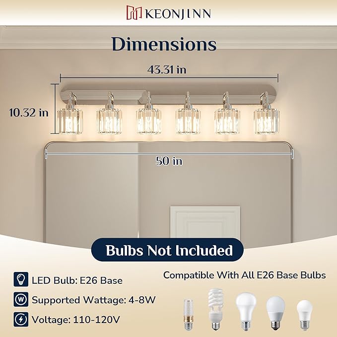 Keonjinn 6-Light Bathroom Light Fixtures, Crystal Chrome Bathroom Vanity Lights Over Mirror, Vanity Lighting Fixtures with Crystal Square Shades (E26 Socket, Exclude Bulb)