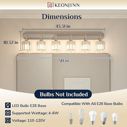 Keonjinn 6-Light Bathroom Light Fixtures, Crystal Chrome Bathroom Vanity Lights Over Mirror, Vanity Lighting Fixtures with Crystal Square Shades (E26 Socket, Exclude Bulb)