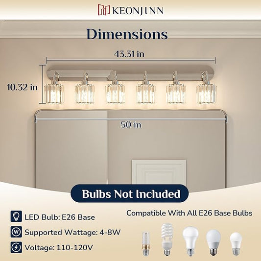 Keonjinn 6-Light Bathroom Light Fixtures, Crystal Chrome Bathroom Vanity Lights Over Mirror, Vanity Lighting Fixtures with Crystal Square Shades (E26 Socket, Exclude Bulb)