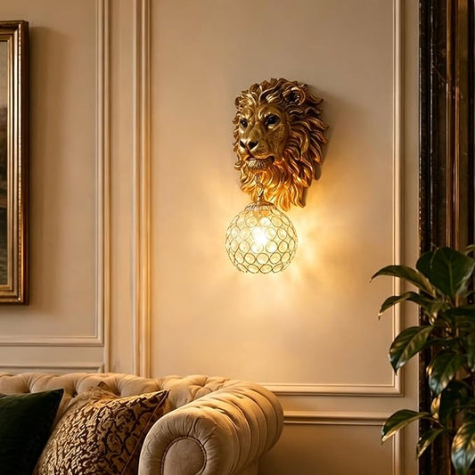 Gold Lion Head Wall Sconce Hardwired, Vintage Crystal Sconce Wall Lighting for Living Room Bedroom Hallway, Luxury Resin Sculpture Wall Lamp, E26 Base
