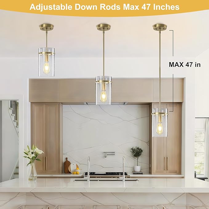 1 Pack Seeded Glass Pendant Lights Kitchen Island, Hanging Modern Pendant Light Fixtures, 5.5" Matte Gold Pendant Lighting Island Lights for Kitchen Over Sink Entryway Hallway