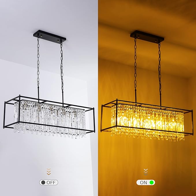 Crystal Chandeliers for Dining Room, Modern Black Chandelier for Living Room, Adjustable Height, 5-Light Pendant Light Fixture, Rectangle Lighting for Kitchen Island Living Room-L35.4"