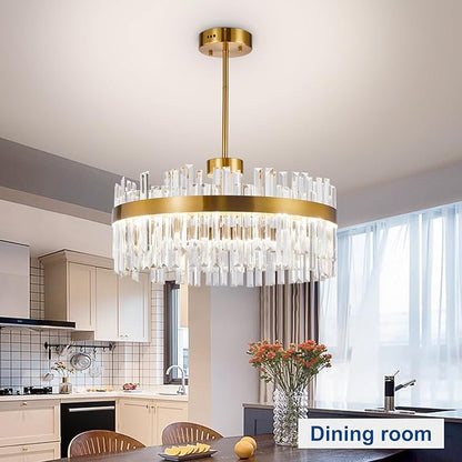 Depuley Modern Gold Crystal Chandeliers: 23.6" Dimmable LED Chandeliers Light Fixture with Remote Control - 3 Colors Contemporary Pendant Ceiling Light for Dining Living Room Kitchen Island Foyer