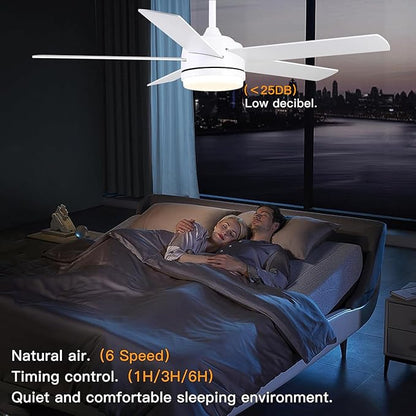 YUHAO 52 Inch White Ceiling Fan with Light and Remote Control.Noiseless,Dimmable,3CCT,6 Speeds Reversible, DC Ceiling Fans for Indoor or Covered Outdoor Use.ETL Listed