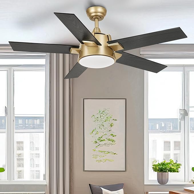 YITAHOME Black Gold Ceiling Fan with Light and Wall Switch Remote, 52 Inch Modern Ceiling Fan, Quiet Reversible Motor, Dimmable Fan with Light for Bedroom Living Room Patio Indoor