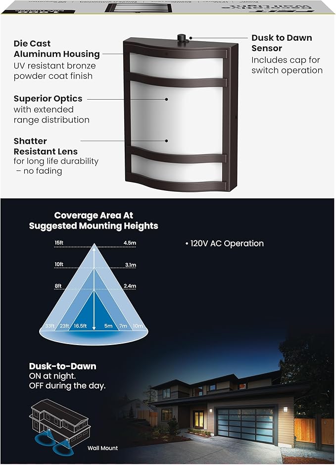 Feit Electric Decorative Outdoor Wall Light, 1900 Lumens, 4000K Bright White, Dusk-to-Dawn Photocell Sensor, Weather-Resistant LED Exterior Wall Sconce, Half-Moon Design, S10.5WM/840/BZ