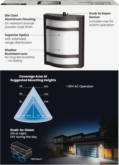 Feit Electric Decorative Outdoor Wall Light, 1900 Lumens, 4000K Bright White, Dusk-to-Dawn Photocell Sensor, Weather-Resistant LED Exterior Wall Sconce, Half-Moon Design, S10.5WM/840/BZ