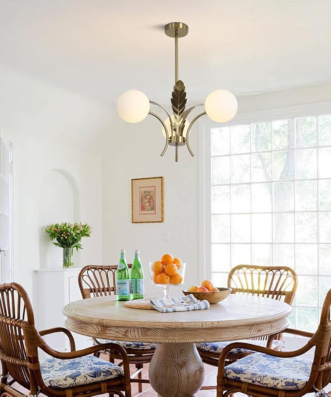BOKT 3 White Globe Dining Room Light Fixtures Over Table Gold Brass Milk Glass Semi Flush Mount Ceiling Lights Mid Century Modern Sputnik Chandelier for Entryway Farmhouse Kitchen