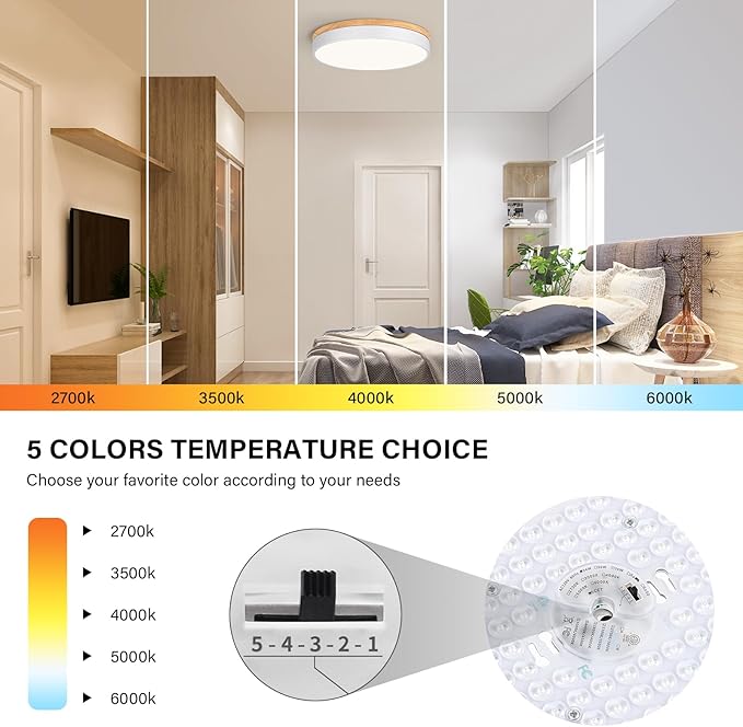 Modern LED Ceiling Light, Dimmable Wood Flush Mount Ceiling Lighting Fixture, 5CCT Round Wood Close to Ceiling Lamp for Kitchen Hallway Bathroom Office Laundry Room Entryway Nursery(White& 15.75 in)