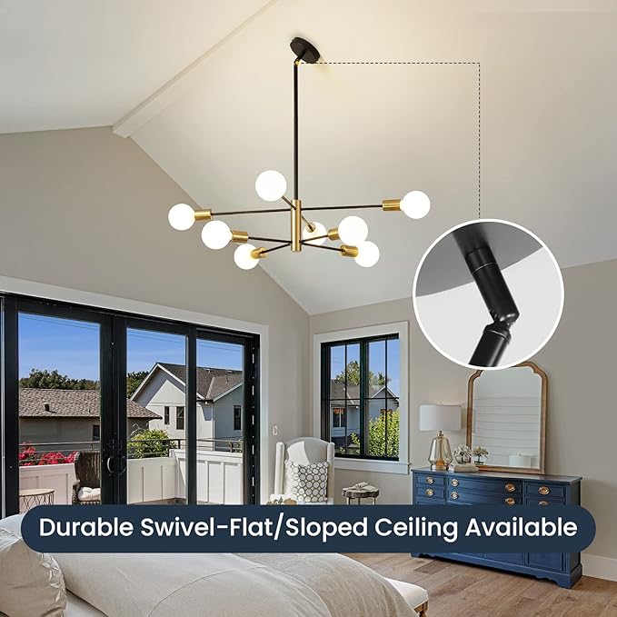 RUIYEY Modern Sputnik Chandeliers Black and Gold Mid Century Chandelier 8-Light Dining Room Light Fixture Height Adjustable Ceiling Lights Farmhouse Chandeliers for Kitchen Island Living Room