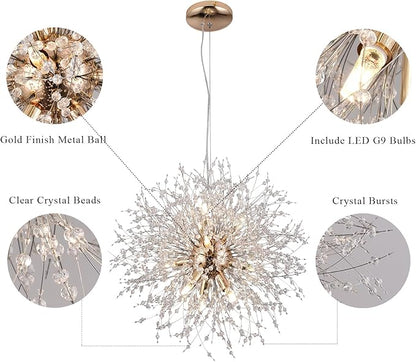 9-Light Gold Crystal Chandeliers, Modern Dandelion Hanging Light, Small Round Lamp, Sputnik Beaded Pendant Lights for Farmhouse Bedroom Dining Room Living Room Kitchen Island (Gold, D19.6inch)