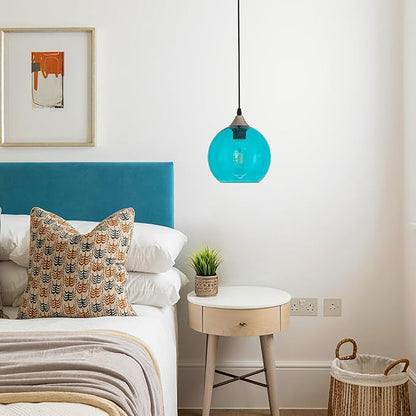Blue Teardrop Glass Pendant Light Raindrop Bubble Shade Plug in Dimmable Hanging Fixture 16.4 Ft Cord E26 Base for Bedroom Office Coastal Spa Like Atmosphere （Bulb not Included）