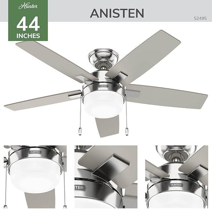 Hunter Ceiling Fan with LED Light - Black Ceiling Fan with Pull Chain, For Bedroom or Living Room, Standard Mount, No Remote, 5 Blades, Includes Bulbs - Anisten (Brushed Nickel, 52 inch)