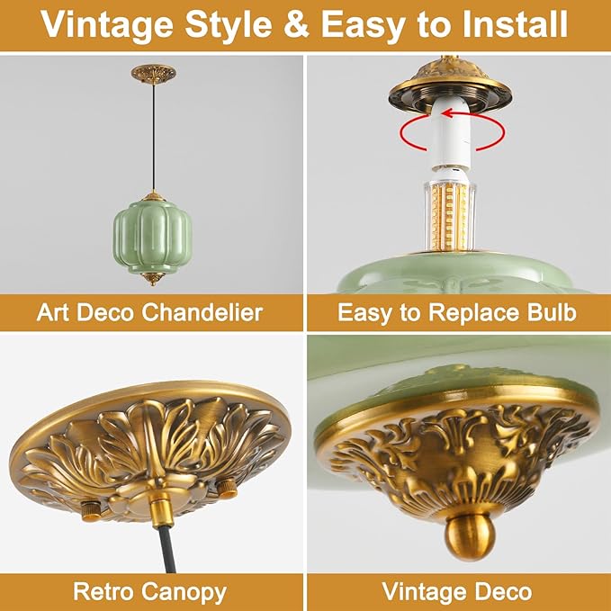 Green Glass Pendant Light, 9in Medium Schoolhouse Light Fixture, LED Bulb Included, Vintage Art Deco Chandelier for Kitchen Island Dining Room Bedroom Hallway, Green & Antique Gold 1 Pack