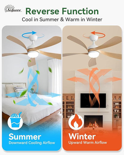 Sofucor 52 Inch Ceiling Fans with Lights and Remote, Outdoor Ceiling Fan with Light 6-Speed 3 CCT 3-Timer, Modern Low Profile Ceiling Fan 5 Blade Reversible DC Motor for Living Room Bedroom Patio