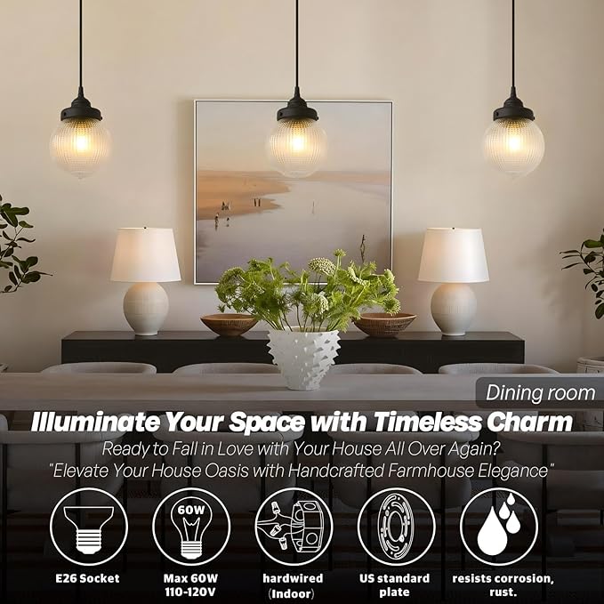 Vintage Ceiling Pendant Light with Clear Ribbed Glass Lampshade, Farmhouse Kitchen Island Hanging Light Fixture for Dining Room Hallway Entryway