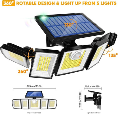 MDCMDCM Outdoor Solar Light Motion Sensor Waterproof - 3000 Lumens 3 Modes 416 LEDs 32ft 2400mAh 5 Heads Security Lights Flood Lights with Remote for Patio Yard Pool Outside （Wireless, 4p）
