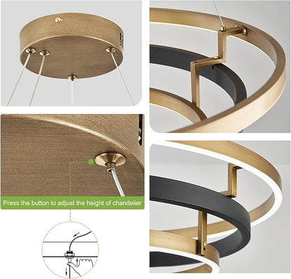 Benkut 3 Rings Modern LED Chandelier Black Gold Dimmable Circular Pendant Light for Dining Room, Foyer Chandelier with Remote Control Flush Mount High Ceiling Light for Kitchen Living Room, D30.7In