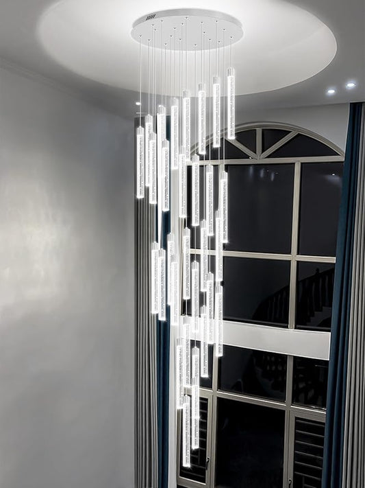 177'' Long Crystal Column Chandelier Silver 30-Light Extra Large Staircase Chandelier High Ceiling Dimmable LED Ceiling Lighting Foyer Entryway Light Source is Replaceable