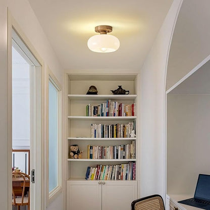 WOKNOS Mid-Century Modern Semi Flush Mount Ceiling Light, Faux Wood Kitchen Ceiling Light Fixture with Glass Shade, Vintage White Close to Ceiling Lamp for Entryway Hallway Bathroom (8.66 Inch)