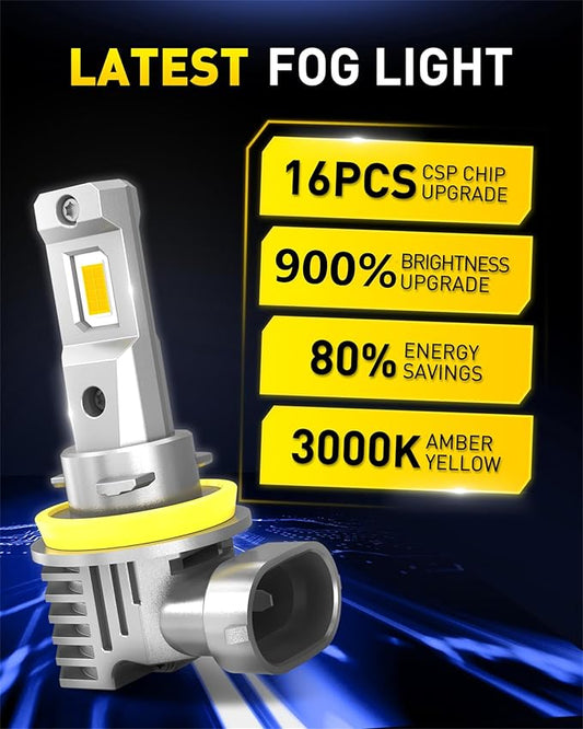 AUXITO H11 H8 H16 LED Yellow Fog Light Bulbs, 3000K Amber Yellow Light, 900% Brightness, Truly Mini Size Fog Lights Replacement for Cars, Play and Plug (Pack of 2)