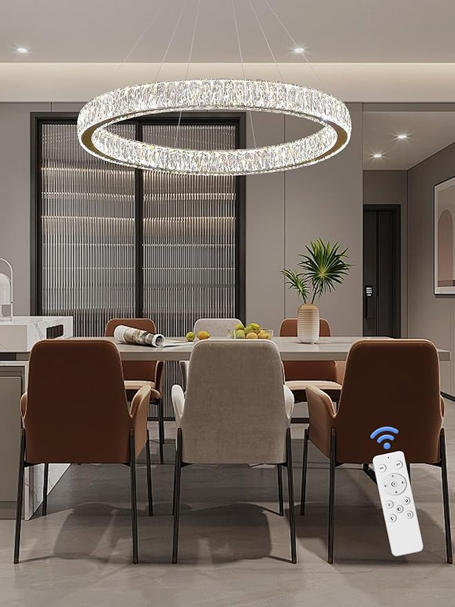 Modern LED Dimmable Crystal Chandelier 39.4" Ring Pendant Light Adjustable Gold Round Crystal Chandelier Light Fixtures for Dining Room Living Room