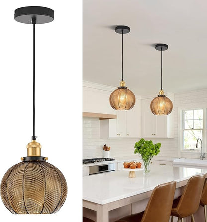 7.8in Vintage Pendant Light 1- Light Kitchen Sink Pendant Lights with Amber Hand Blown Glass Small Hanging Lamp for Kitchen Island Dining Room Bedroom Bathroom Hallway E26
