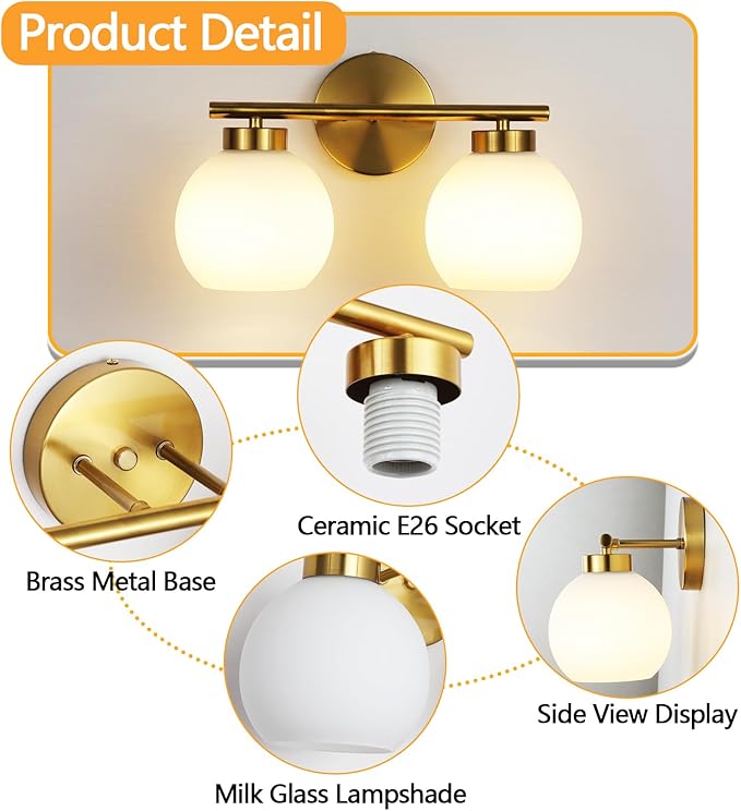 2 Light Bathroom Vanity Light, Gold Bathroom Light Fixtures Over Mirror, Mid Century Modern Wall Sconce with Frosted Globe Glass Shades, Brass Vanity Light, E26 Socket